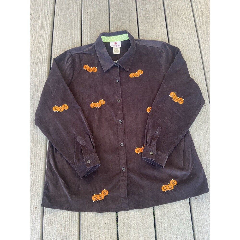 Quacker Factory Pumpkin Black Button Up Shirt Emb… - image 7